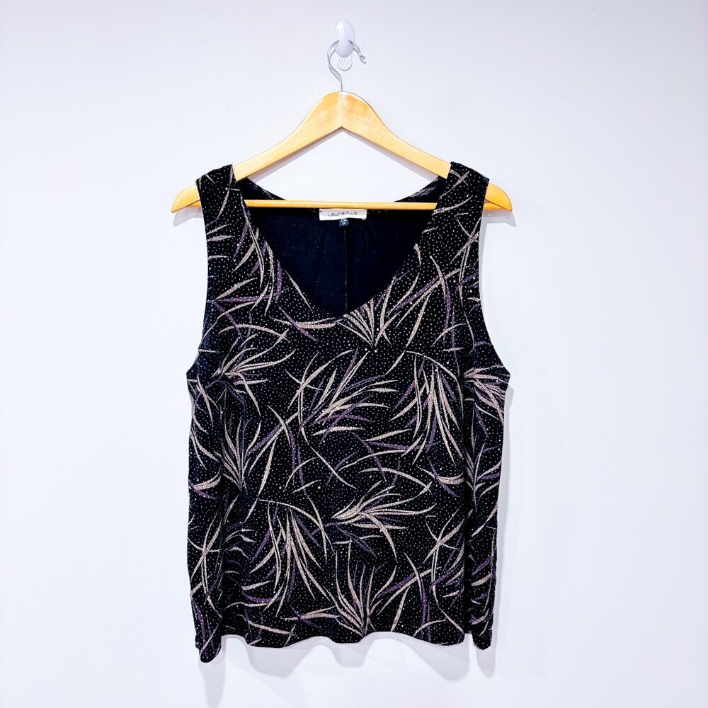 LAURAβ Black Purple Metallic Sleeveless Camisole Leaf Print Top | 1X *